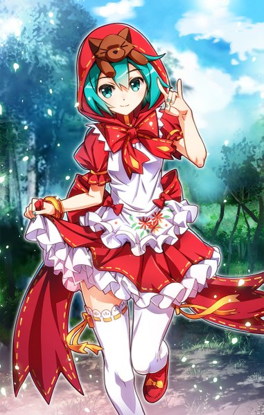Anime picture 763x1200 with little red riding hood project diva project diva 2nd vocaloid hatsune miku little red riding hood (character) nyoronyoro single tall image looking at viewer short hair smile sky cloud (clouds) nail polish aqua eyes aqua hair puffy sleeves frilly skirt > <