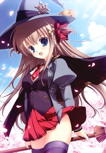 Anime picture 3258x4681 with original mikeou single long hair tall image highres blue eyes brown hair absurdres girl thighhighs black thighhighs hat witch hat broom