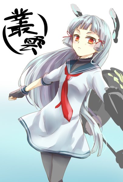 Anime picture 811x1200 with kantai collection murakumo destroyer tomozero single long hair tall image looking at viewer blush fringe simple background red eyes silver hair blunt bangs character names spread arms tress ribbon girl gloves uniform ribbon (ribbons)