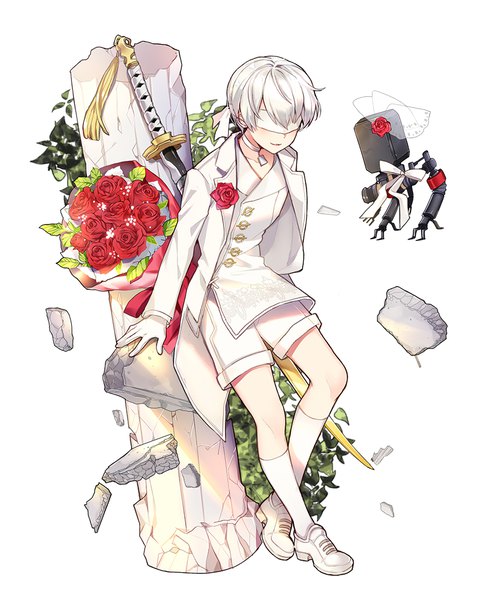 Anime picture 900x1096 with nier nier:automata pod (nier:automata) yorha no. 9 type s pingo single tall image blush short hair simple background smile white background full body white hair blindfold boy gloves flower (flowers) weapon sword