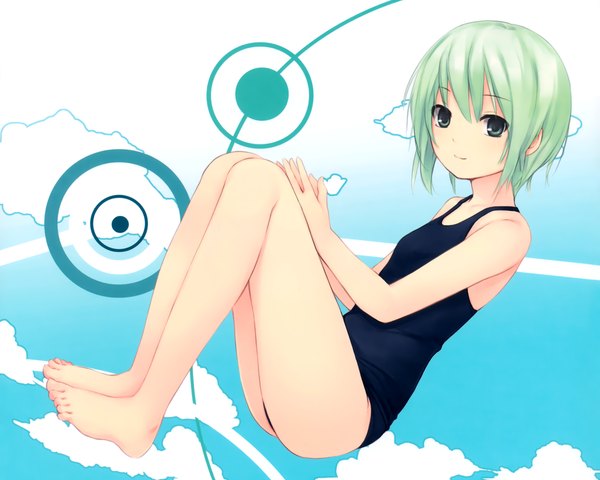 Anime picture 1800x1440 with cure girl noesis (studio) kagamihara itsuha coffee-kizoku single highres short hair green eyes barefoot green hair girl swimsuit one-piece swimsuit school swimsuit