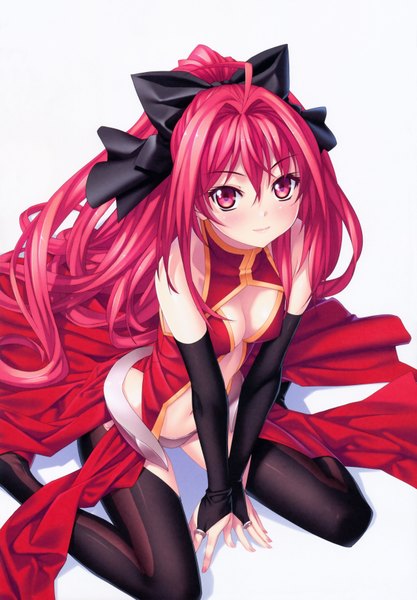 Anime picture 4856x6990 with shinkyoku soukai polyphonica corticarte apa lagranges kannatsuki noboru single long hair tall image looking at viewer blush highres breasts light erotic red eyes pink hair absurdres scan girl thighhighs dress bow black thighhighs
