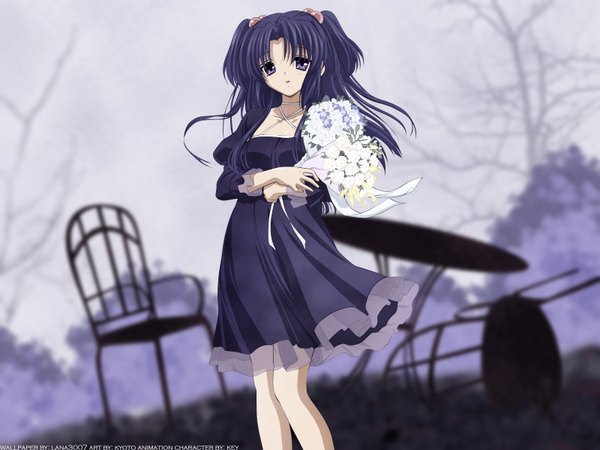 Anime picture 1600x1200 with clannad key (studio) ichinose kotomi single long hair looking at viewer open mouth blue eyes blue hair blurry two side up girl dress flower (flowers) chair bouquet blue dress hair bobbles