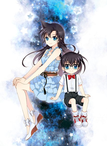 Anime picture 900x1219 with detective conan edogawa conan mouri ran mca (dessert candy) long hair tall image short hair blue eyes black hair sitting girl dress boy glasses shorts