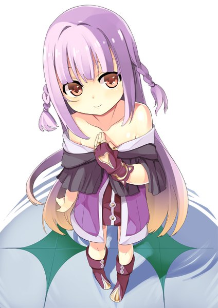 Anime picture 1000x1414 with original mahcdai single tall image looking at viewer fringe simple background smile red eyes standing white background bare shoulders payot purple hair full body braid (braids) very long hair multicolored hair from above shadow