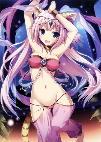 Anime picture 2280x3214 with original comic toranoana karory single long hair tall image looking at viewer blush highres open mouth light erotic smile purple eyes animal ears pink hair tail traditional clothes :d animal tail arms up