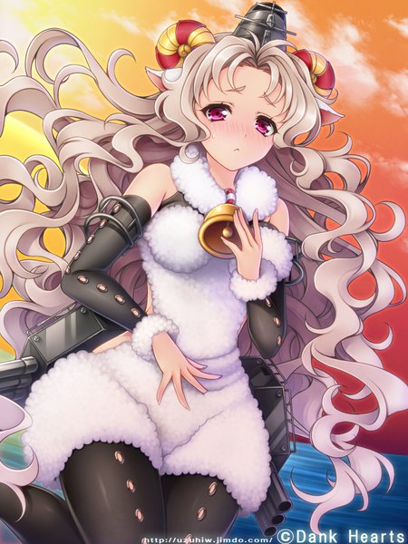 Anime picture 720x960 with weapon girls original uzu hi single long hair tall image looking at viewer blush blonde hair signed animal ears cloud (clouds) bent knee (knees) pink eyes horn (horns) dutch angle fur trim evening wavy hair bell collar