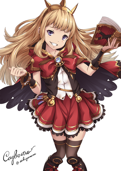 Anime picture 800x1131 with granblue fantasy cagliostro (granblue fantasy) sakiyamama single long hair tall image looking at viewer blush blue eyes simple background blonde hair smile white background signed girl thighhighs dress black thighhighs book (books)