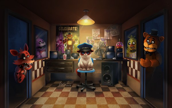 Anime picture 1920x1200 with five nights at freddy's grumpy cat tsaoshin looking at viewer highres sitting signed indoors checkered floor floor crossover animal window cat drink peaked cap lamp fox speakers television