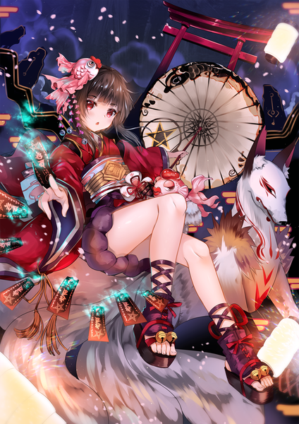 Anime picture 1414x2000 with usagihime single long hair tall image looking at viewer black hair red eyes tail traditional clothes japanese clothes girl hair ornament animal petals bell fish (fishes) torii fox ofuda