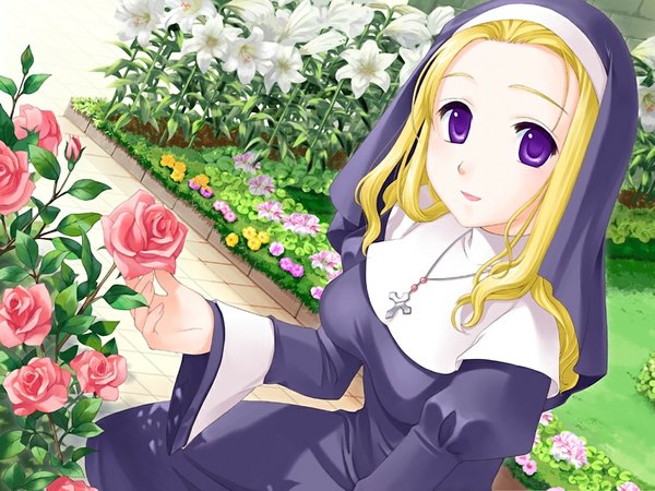 Anime picture 1024x768 with amanatsu long hair blonde hair purple eyes game cg girl flower (flowers)