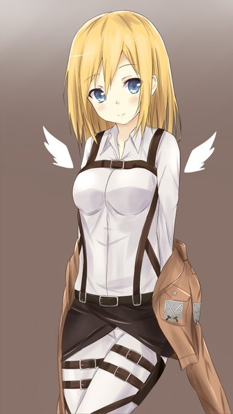 Anime picture 1000x1774 with shingeki no kyojin production i.g krista lenz saku (kudrove) single tall image blush short hair blue eyes blonde hair open clothes open jacket fake wings girl shirt wings