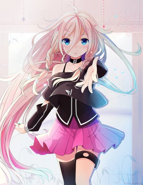 Anime picture 927x1200 with vocaloid ia (vocaloid) hitsukuya single tall image blush blue eyes pink hair ahoge braid (braids) very long hair nail polish pleated skirt :o twin braids light girl thighhighs skirt ring