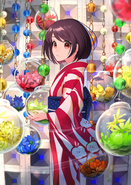Anime picture 1000x1414 with original iwato1712 single tall image looking at viewer short hair red eyes standing upper body long sleeves traditional clothes japanese clothes blurry wide sleeves turning head striped hands clasped dark hair girl flower (flowers)