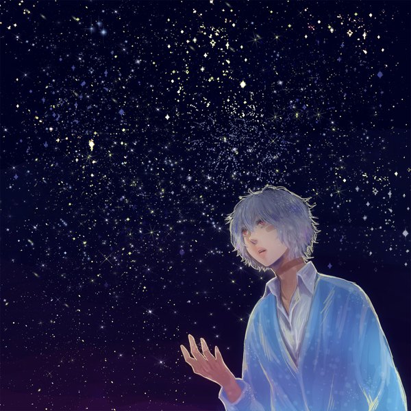 Anime picture 1754x1754 with no.6 studio bones shion (no.6) kigr single highres short hair red eyes silver hair night night sky face paint boy star (stars)