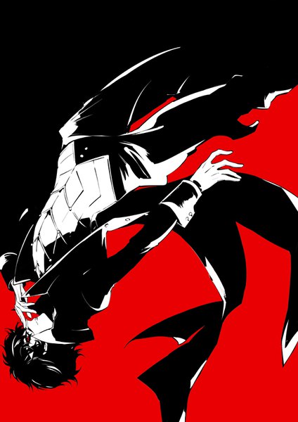 Anime picture 566x800 with persona 5 persona amamiya ren zmore single tall image short hair profile monochrome hand on face falling boy mask sleeve cuffs tailcoat