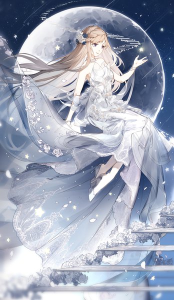 Anime picture 800x1376 with miracle nikki nine (liuyuhao1992) single long hair tall image fringe smile brown hair purple eyes twintails bare shoulders looking away full body braid (braids) arm up hair flower wind night high heels night sky
