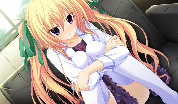 Anime picture 1024x600 with sora to kumo to kimi no koi long hair blush blonde hair wide image purple eyes twintails game cg girl thighhighs ribbon (ribbons) hair ribbon white thighhighs