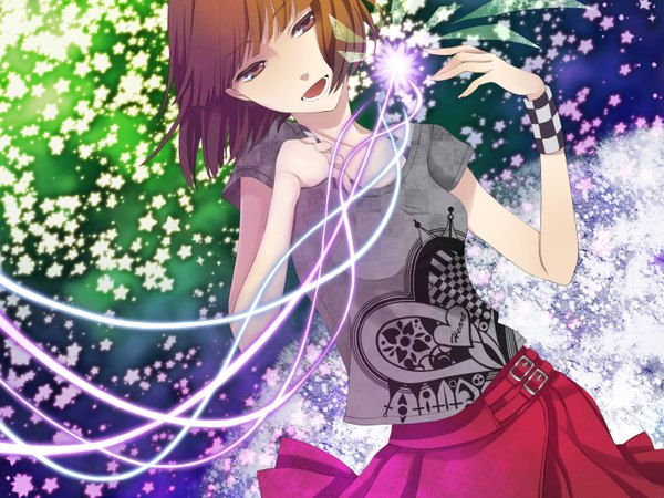 Anime picture 1536x1152 with macco (artist) short hair brown hair cherry blossoms girl skirt star (symbol) t-shirt