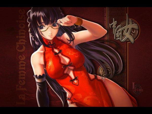 Anime picture 1600x1200 with original eiwa long hair light erotic black hair simple background smile cleavage black eyes chinese clothes brown background girl glasses bracelet chinese dress single glove