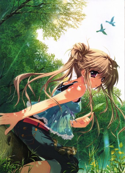 Anime picture 4382x6074 with izumi tsubasu single long hair tall image highres red eyes brown hair twintails absurdres looking back nature girl plant (plants) animal tree (trees) bird (birds) leaf (leaves)