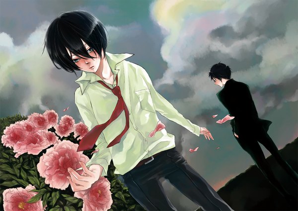 Anime picture 1102x779 with katekyou hitman reborn hibari kyouya mizushima (artist) black hair cloud (clouds) wind from behind hands in pockets boy flower (flowers) shirt petals necktie pants suit