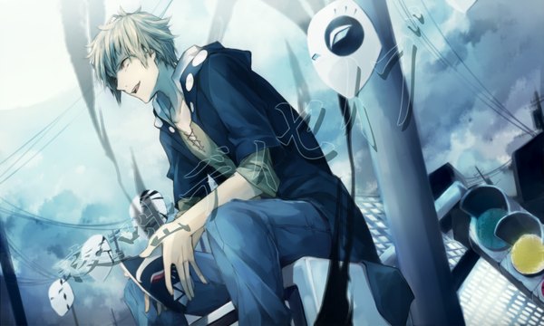 Anime picture 1665x1000 with kagerou project shaft (studio) kano shuuya ymst9 single short hair open mouth blonde hair smile red eyes wide image sitting sky boy mask power lines traffic lights