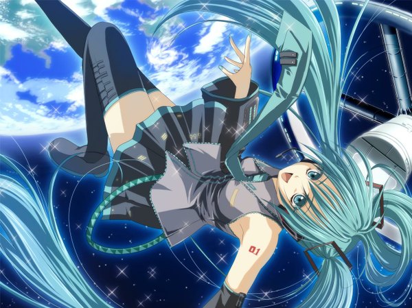 Anime picture 1278x958 with vocaloid hatsune miku single looking at viewer breasts open mouth twintails bent knee (knees) very long hair aqua eyes aqua hair tattoo outstretched arm happy upside down space falling girl thighhighs skirt