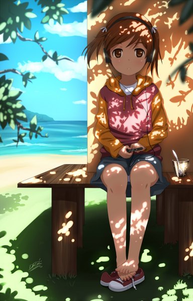 Anime picture 960x1500 with original dfer single tall image blush short hair brown hair sitting twintails brown eyes sky cloud (clouds) loli legs girl headphones sea cup