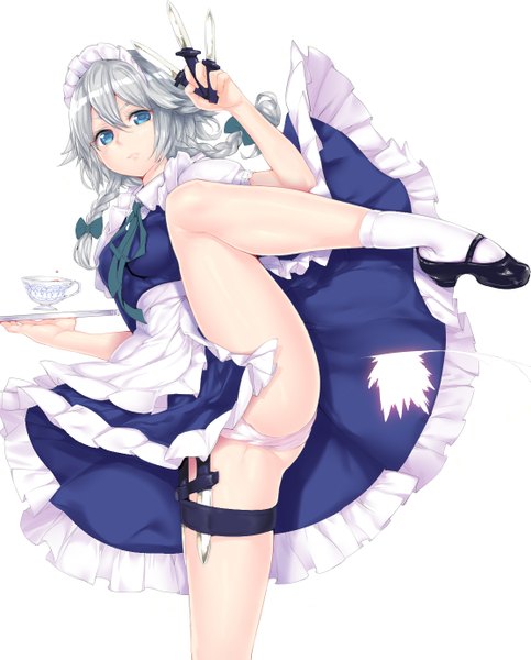 Anime picture 1114x1384 with touhou izayoi sakuya playn single long hair tall image looking at viewer highres blue eyes light erotic simple background white background silver hair braid (braids) maid spread legs puffy sleeves twin braids leg lift (legs lift) girl