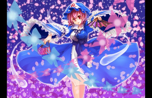 Anime picture 2200x1413 with touhou saigyouji yuyuko monrooru single looking at viewer highres short hair red eyes pink hair ghost girl dress petals insect butterfly bonnet fan