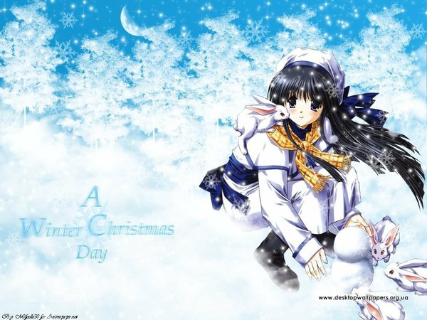 Anime picture 1024x768 with single black hair snowing winter snow girl hat animal scarf snowflake (snowflakes) bunny plaid scarf