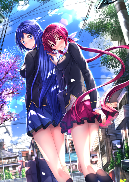 Anime picture 1102x1560 with joukamachi no dandelion production ims sakurada akane sakurada aoi swordsouls long hair tall image blush open mouth blue eyes smile red eyes multiple girls blue hair sky purple hair cloud (clouds) cherry blossoms girl skirt