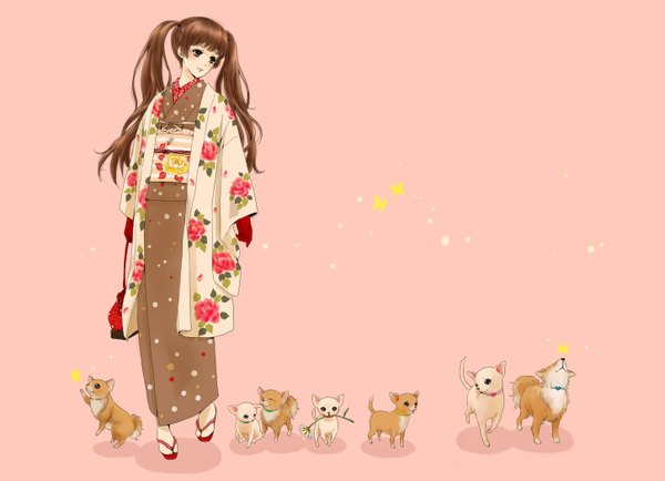 Anime picture 1449x1050 with original yukiyanagi long hair blush simple background smile brown hair twintails japanese clothes grey eyes girl gloves flower (flowers) animal belt kimono insect butterfly bag cloak