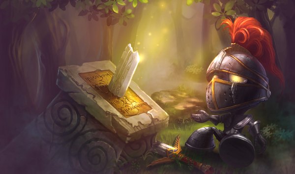 Anime picture 1215x717 with league of legends amumu (league of legends) wide image yellow eyes crying sad knight boy sword tree (trees) forest excalibur mummy