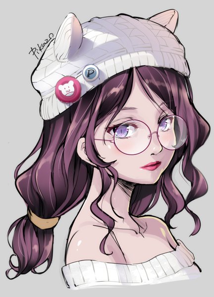 Anime picture 649x900 with original pikazo (artist) single long hair tall image blush simple background brown hair purple eyes bare shoulders signed payot looking away upper body grey background lipstick low ponytail girl hat glasses