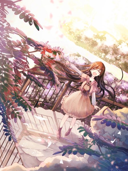 Anime picture 1095x1459 with original miyano yuki single long hair tall image blush open mouth smile brown hair standing eyes closed sunlight happy ^ ^ girl dress plant (plants) petals tree (trees) water