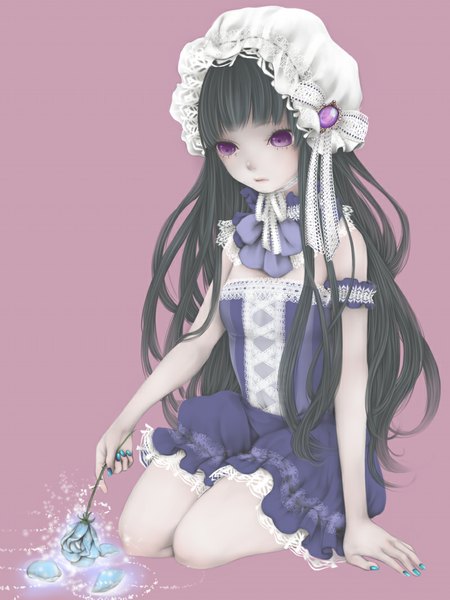 Anime picture 800x1067 with original nejimaki oz single long hair tall image black hair simple background purple eyes looking away pink background girl dress flower (flowers) bonnet