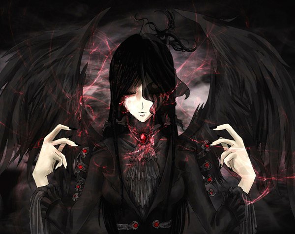 Anime picture 2121x1682 with original tagme (artist) single long hair highres black hair eyes closed nail polish dark background girl dress wings brooch