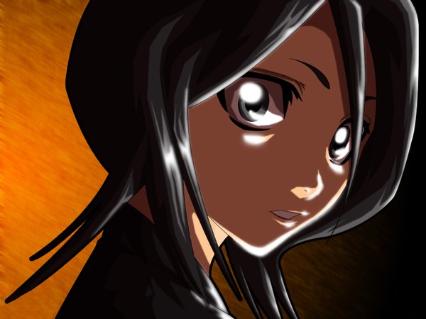 Anime picture 1600x1200 with bleach studio pierrot kuchiki rukia single looking at viewer fringe short hair black hair black eyes hair over one eye close-up girl