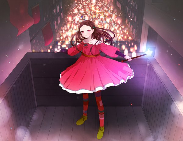 Anime picture 1500x1162 with original felt (lidsan) single long hair brown hair pink eyes girl dress pantyhose lantern wand