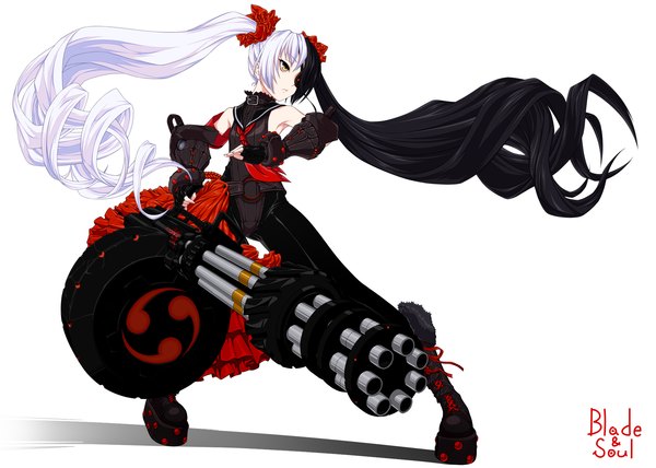 Anime picture 1812x1295 with blade & soul po hwa ran (blade & soul) tokitaka (amaterath) single highres simple background white background twintails very long hair multicolored hair two-tone hair heterochromia girl dress weapon detached sleeves fingerless gloves gun gatling gun