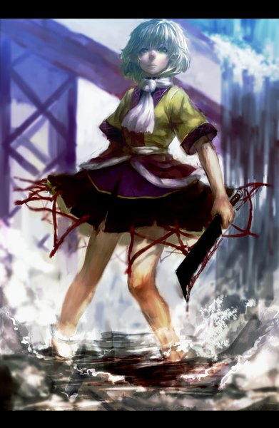Anime picture 1240x1900 with touhou mizuhashi parsee benitama single tall image short hair blonde hair green eyes pointy ears girl weapon water blood neckerchief