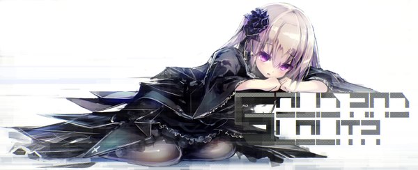 Anime picture 3146x1280 with original missle228 single looking at viewer blush fringe highres short hair open mouth simple background hair between eyes wide image white background purple eyes silver hair full body long sleeves hair flower wide sleeves :o