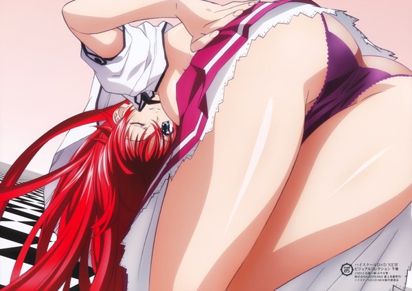 Anime picture 7008x4957 with highschool dxd rias gremory single long hair looking at viewer highres blue eyes light erotic smile absurdres ass red hair one eye closed wink scan official art girl underwear panties