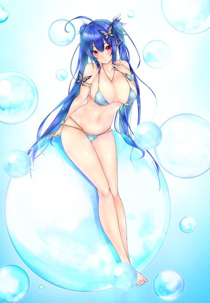 Anime picture 1336x1928 with original frofrofrost single long hair tall image looking at viewer blush fringe breasts light erotic large breasts sitting twintails blue hair cleavage full body ahoge head tilt pink eyes barefoot