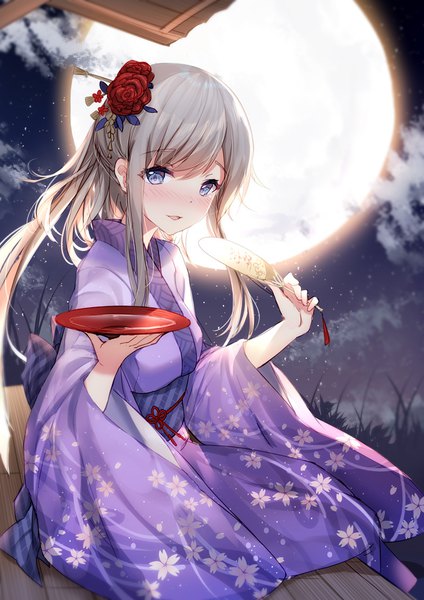 Anime picture 800x1131 with warship girls r kaga (warship girls r) bison cangshu single long hair tall image looking at viewer blush fringe open mouth blue eyes sitting holding payot sky cloud (clouds) traditional clothes :d japanese clothes hair flower