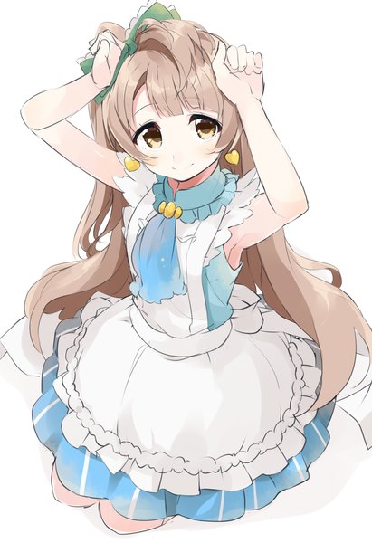 Anime picture 862x1256 with love live! school idol project sunrise (studio) love live! minami kotori totoki86 single long hair tall image looking at viewer blush fringe simple background smile brown hair white background sitting yellow eyes from above arms up armpit (armpits)
