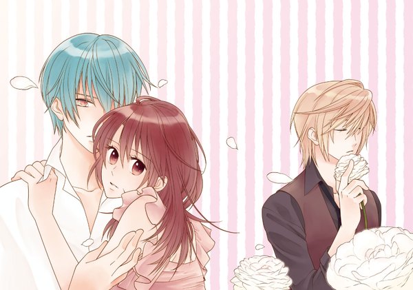 Anime picture 1754x1232 with la corda d'oro hino kahoko tsukimori len kaji aoi saki (sense4) long hair highres short hair blonde hair brown hair brown eyes blue hair eyes closed looking back aqua hair multiple boys hug striped striped background girl