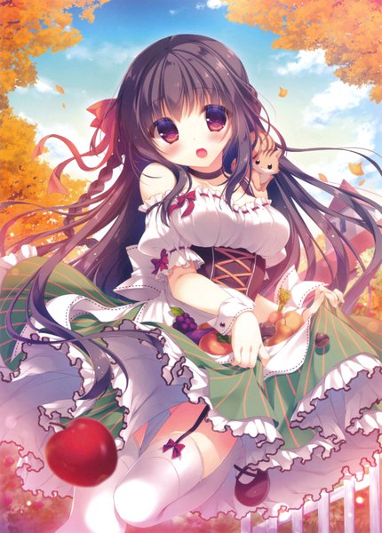Anime picture 5021x7009 with original yukie (peach candy) single long hair tall image looking at viewer blush highres open mouth light erotic black hair red eyes absurdres braid (braids) scan animal on shoulder girl thighhighs dress animal